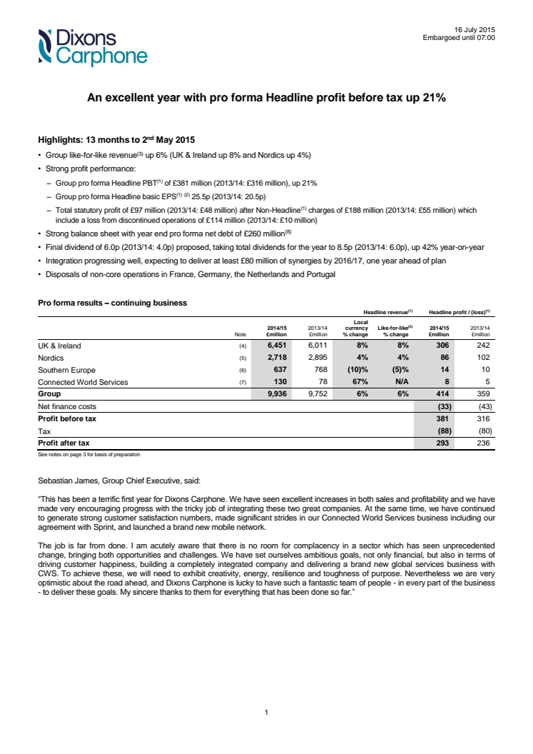 Dixons Carphone - årsregnskap 2014/2015