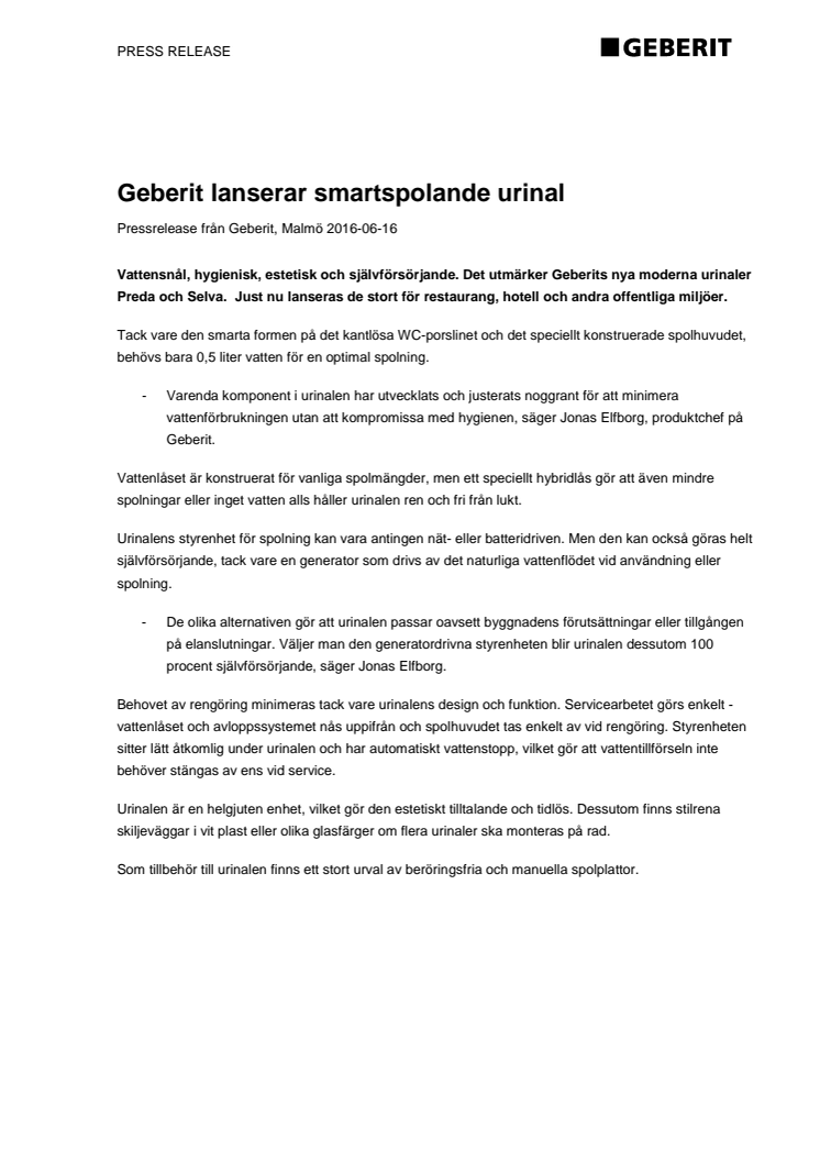 Geberit lanserar smartspolande urinal