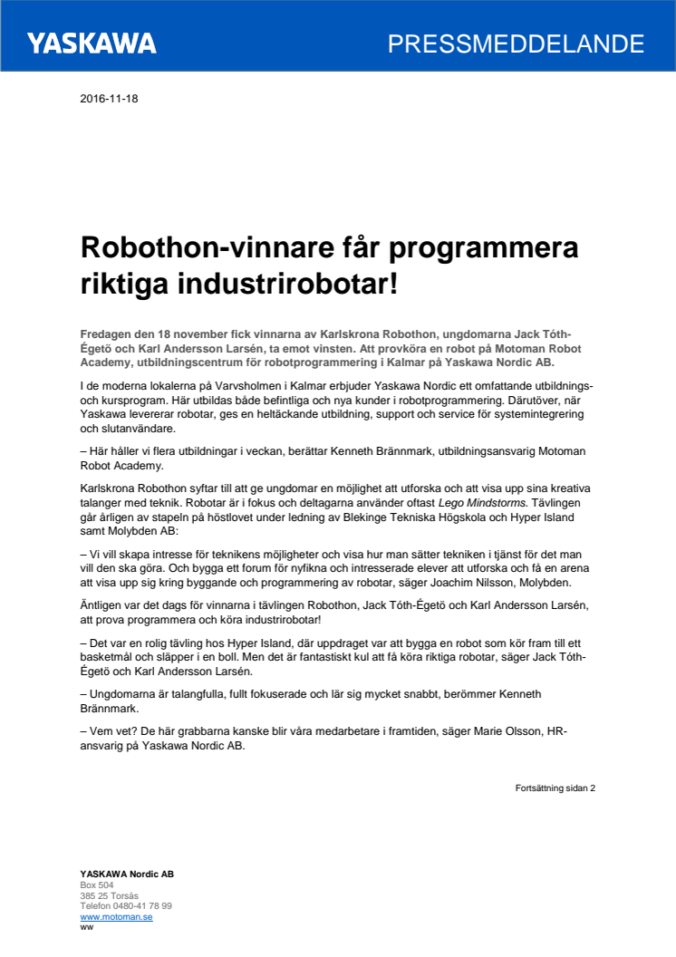 Robothon-vinnare får programmera  riktiga industrirobotar!