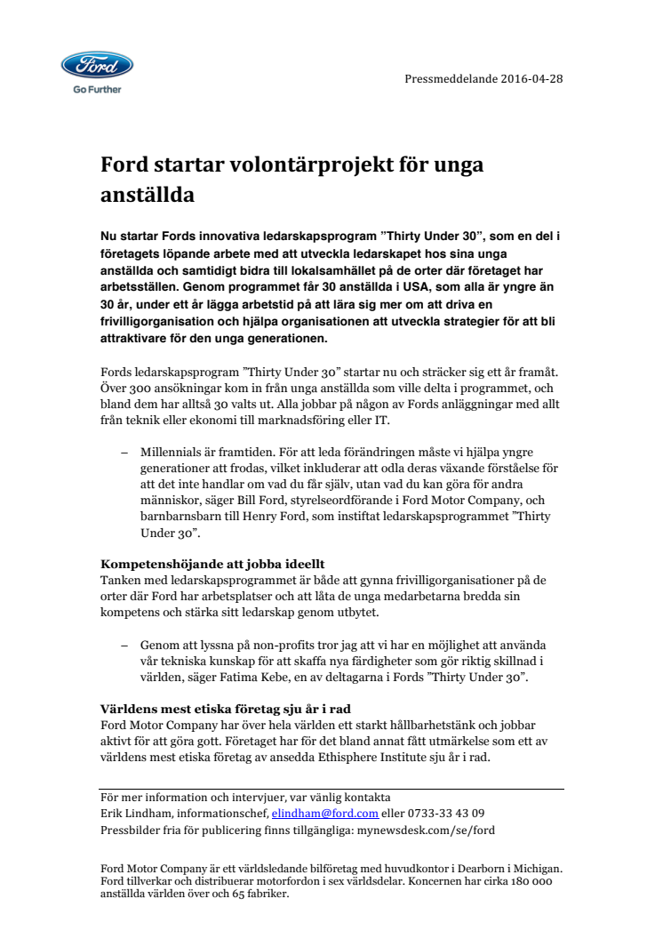 Ford startar volontärprojekt för unga anställda