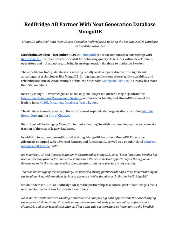 RedBridge and MongoDB Pressrelease in English