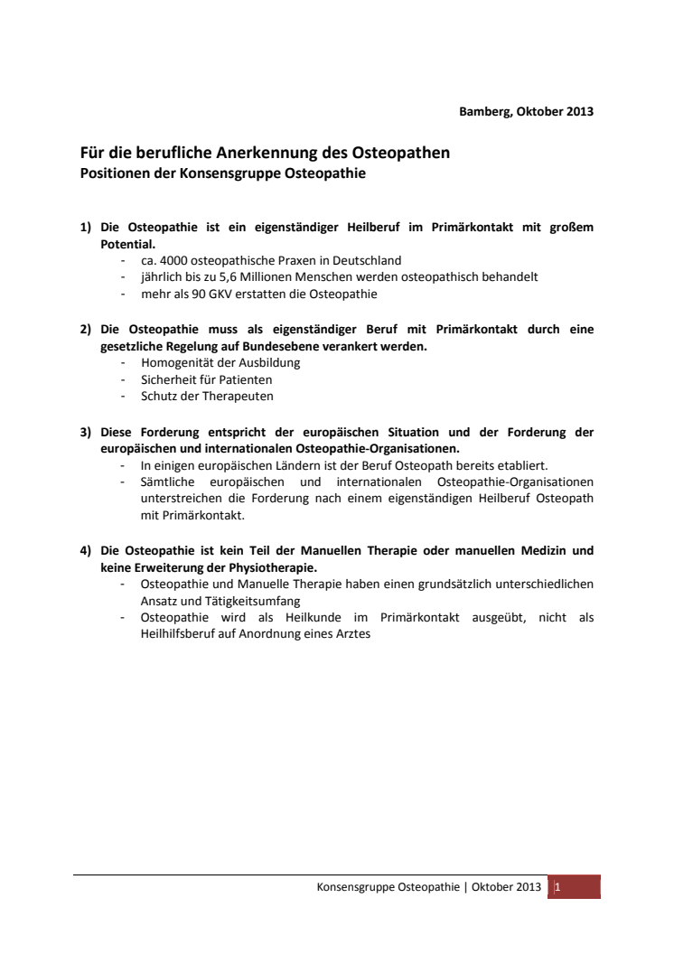 Positionspapier der Konsensgruppe zum Thema Berufsgesetz für Osteopathen