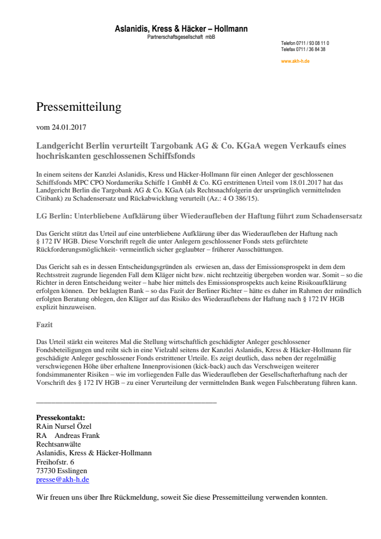 MPC CPO Nordamerika Schiffe 1 aktuell: LG Berlin verurteilt Targobank zu Schadensersatz und Rückabwicklung