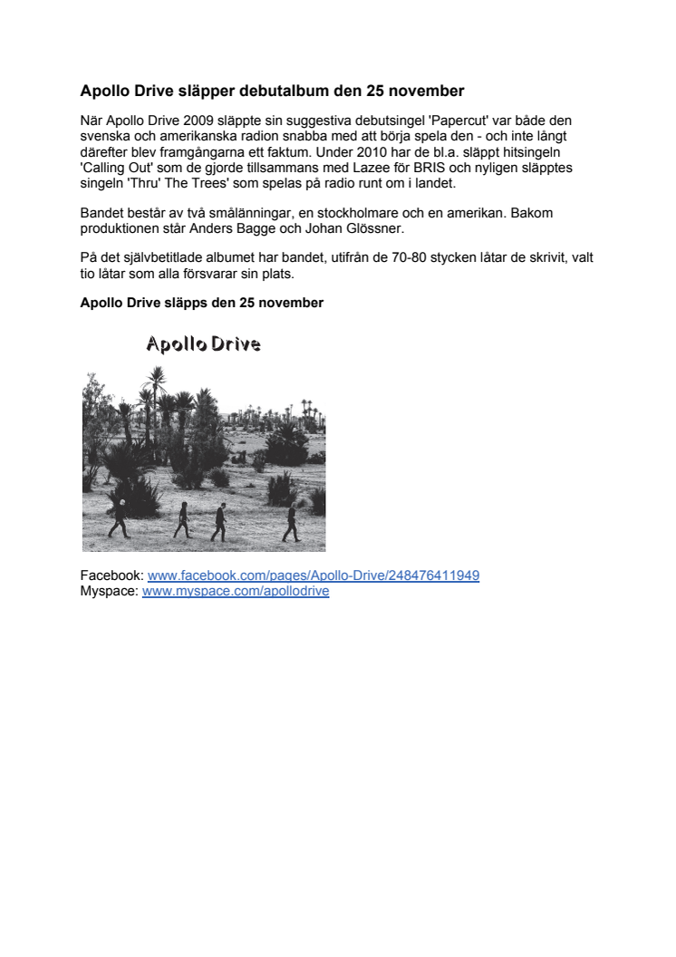 Apollo Drive släpper debutalbum den 25 november