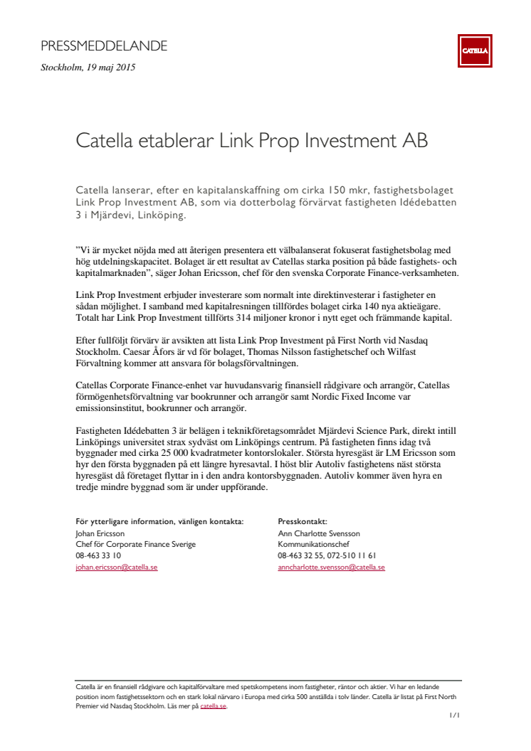 Catella etablerar Link Prop Investment AB