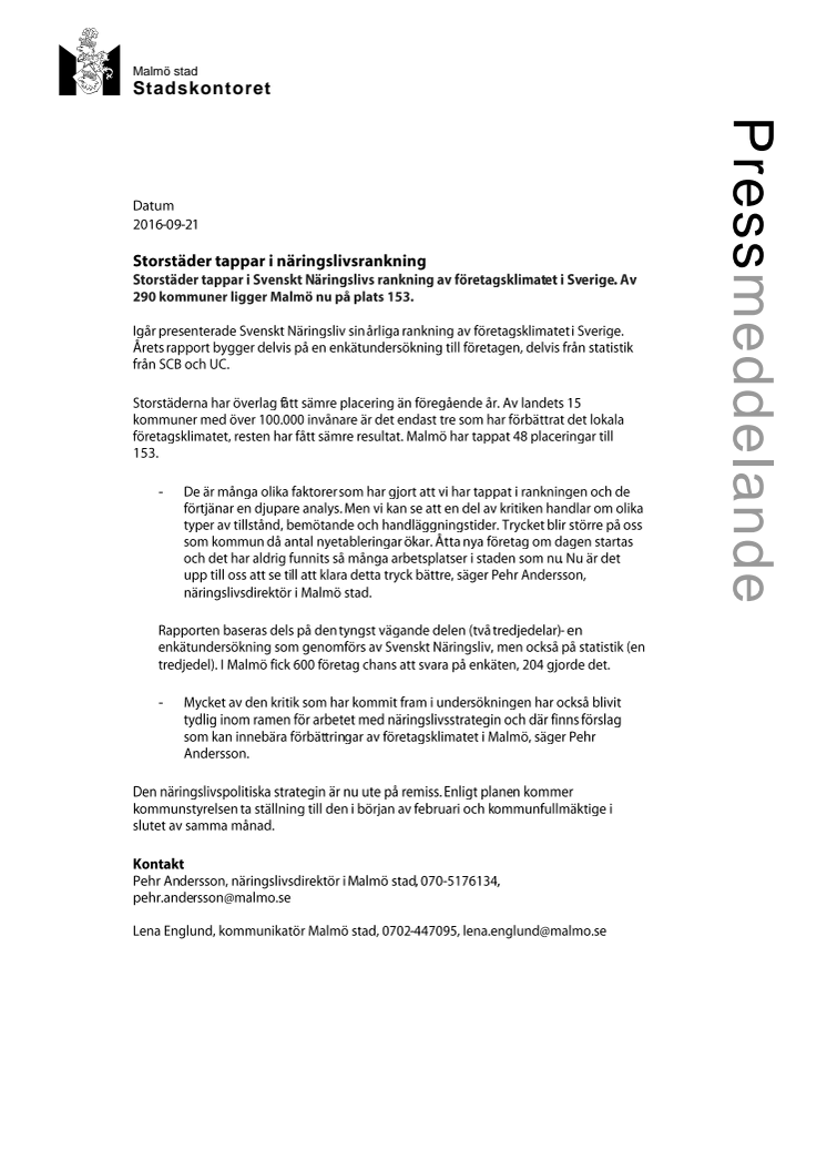 Storstäder tappar i näringslivsrankning