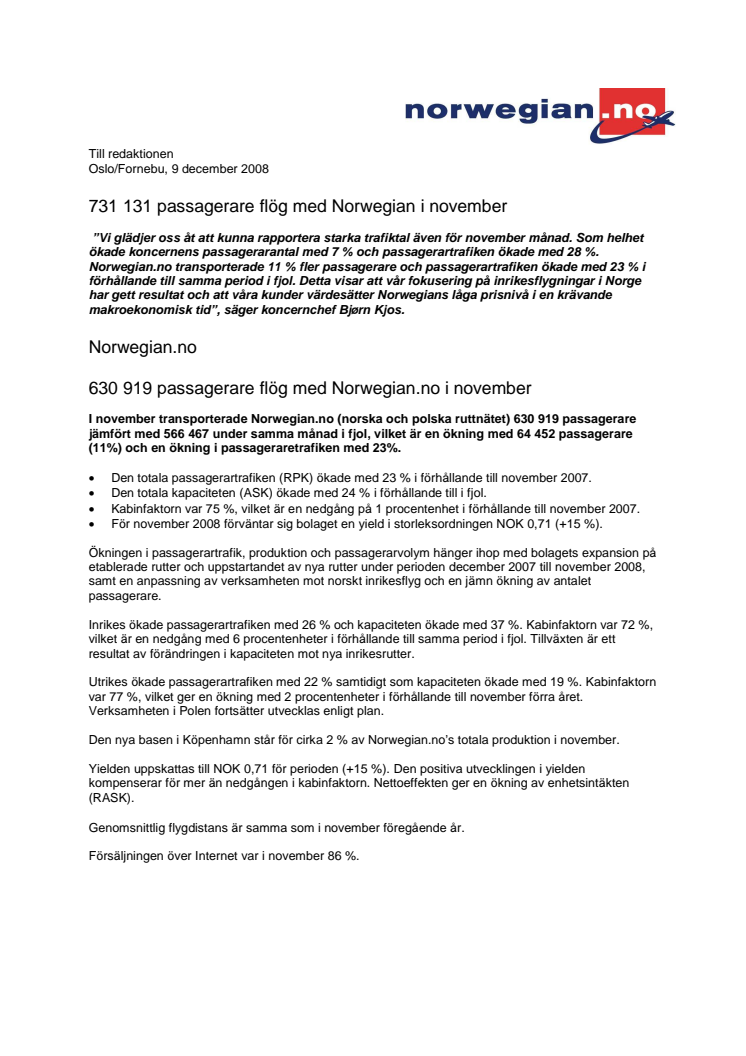 731 131 passagerare flög med Norwegian i november