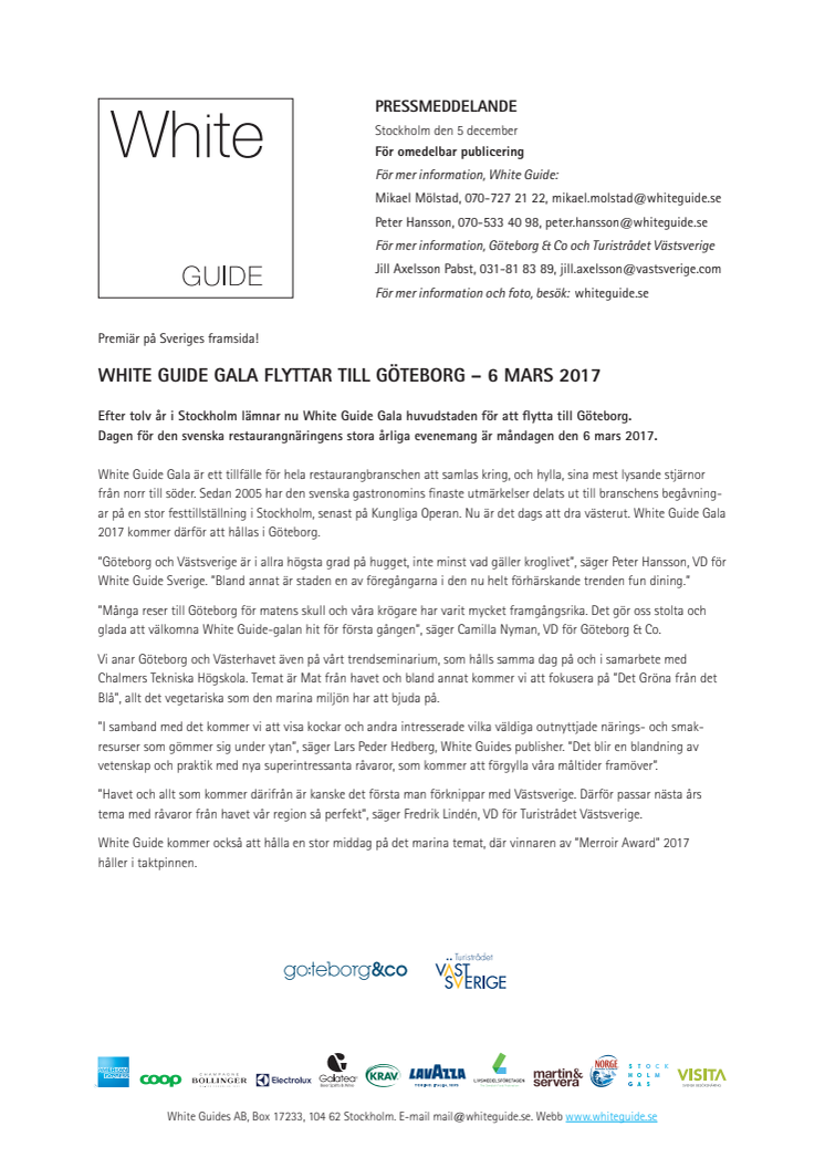 White Guide Gala flyttar till Göteborg – 6 mars 2017