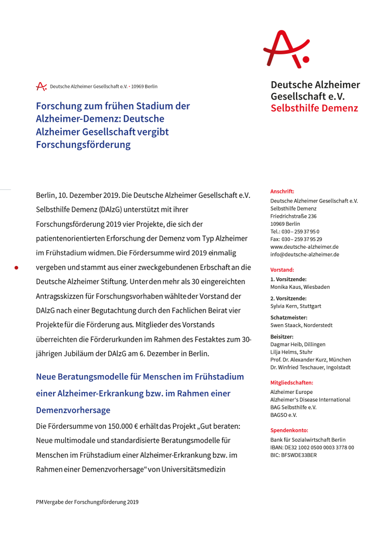 Forschung zum frühen Stadium der Alzheimer-Demenz: Deutsche Alzheimer Gesellschaft vergibt Forschungsförderung