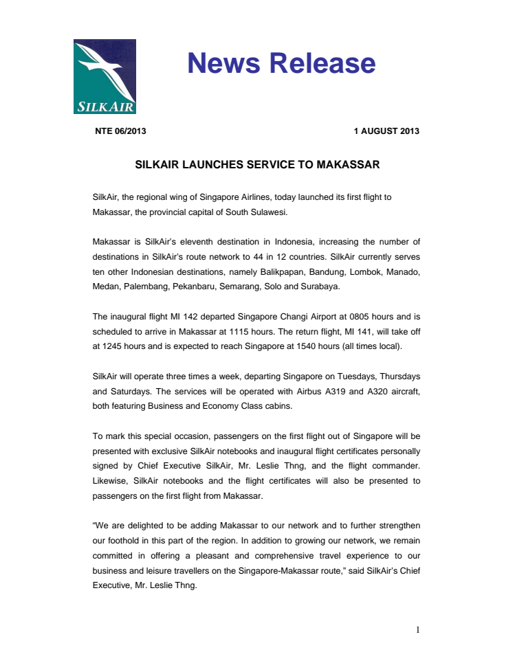 SilkAir Launches Service to Makassar