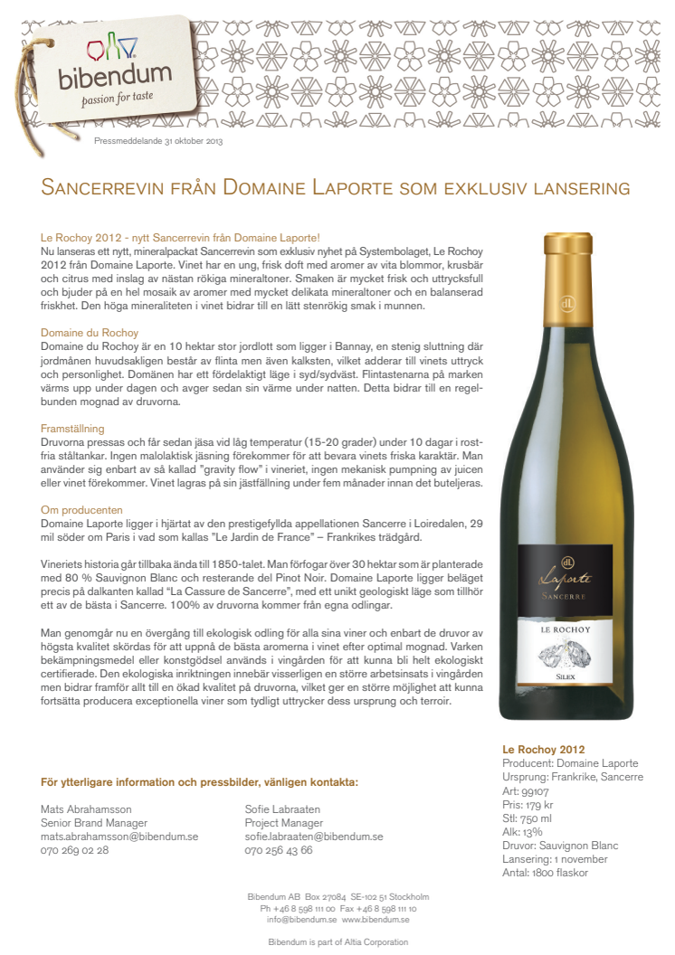 Sancerrevin från Domaine Laporte som exklusiv lansering!