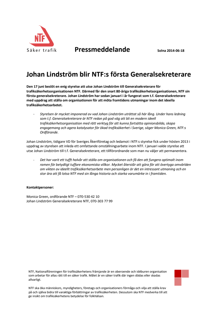 Johan Lindström blir NTF:s första Generalsekreterare