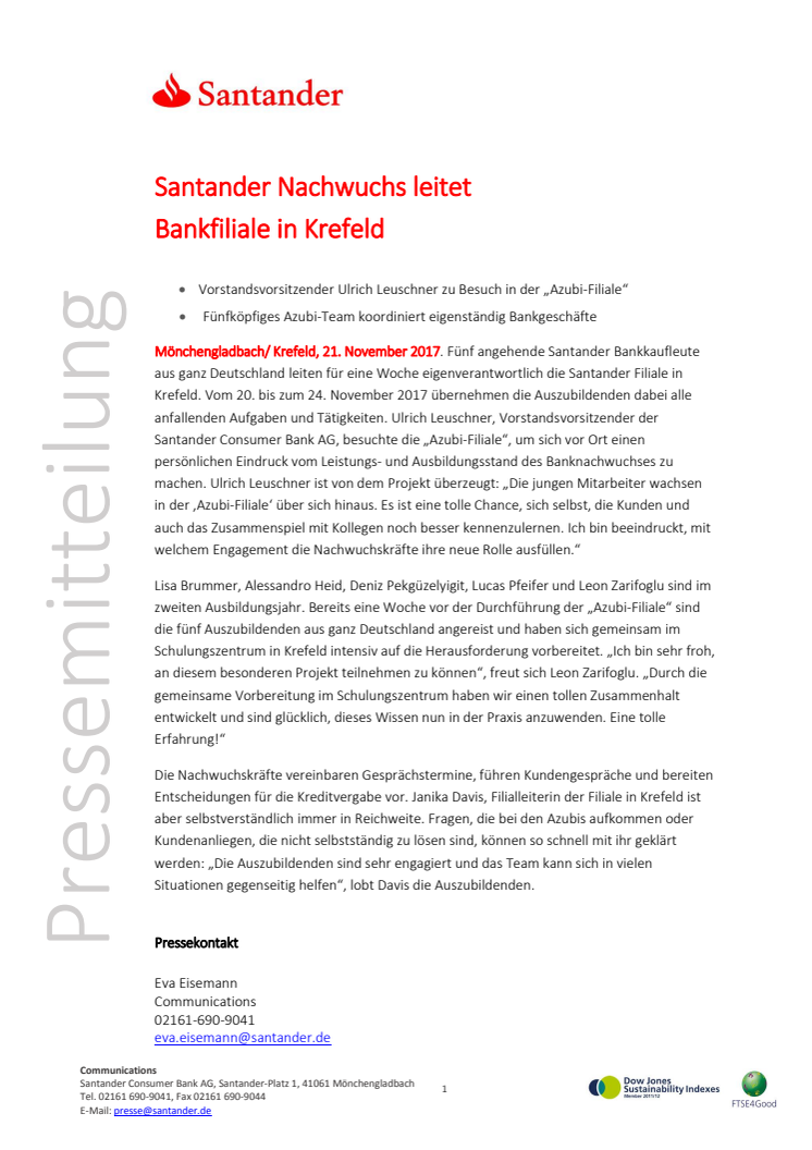 Santander Nachwuchs leitet  Bankfiliale in Krefeld