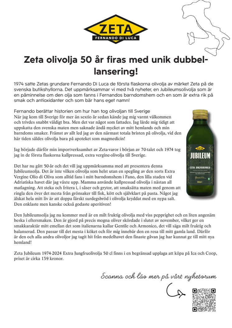 Pressmeddelande Zeta Extra jungfruolivolja Jubileum