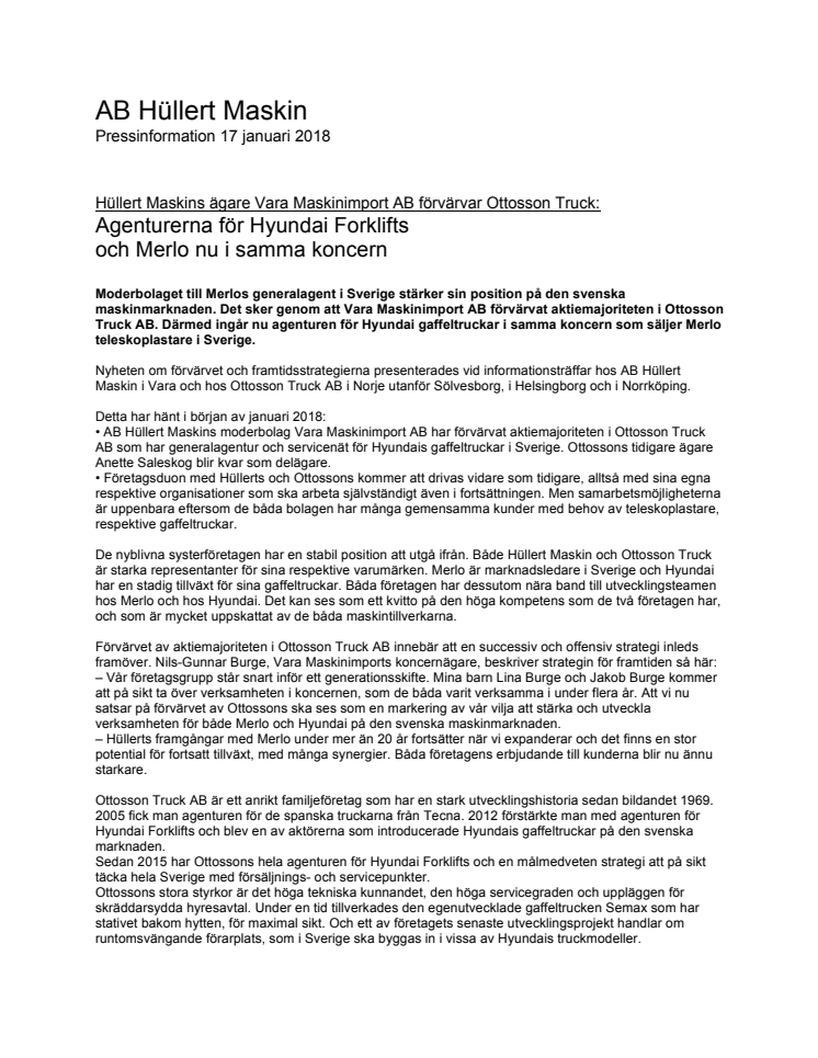 Agenturerna för Hyundai Forklifts och Merlo nu i samma koncern