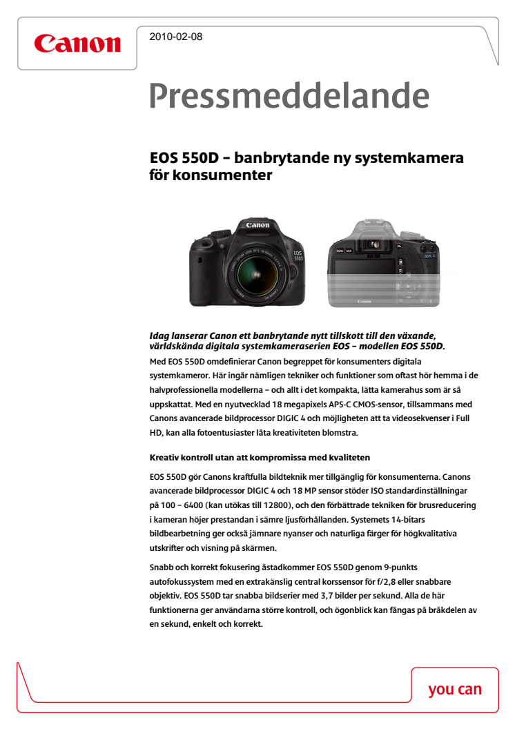 EOS 550D – banbrytande ny systemkamera för konsumenter