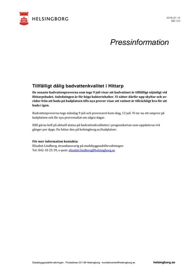 Tillfälligt dålig badvattenkvalitet i Hittarp