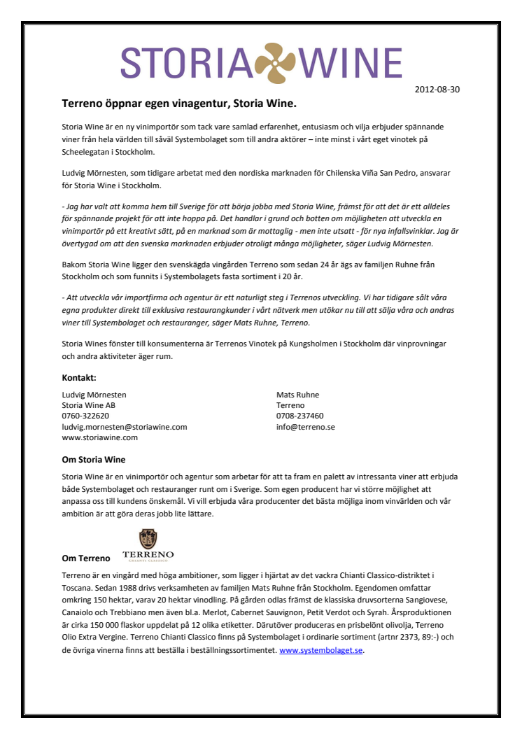 Terreno öppnar egen vinagentur, Storia Wine.