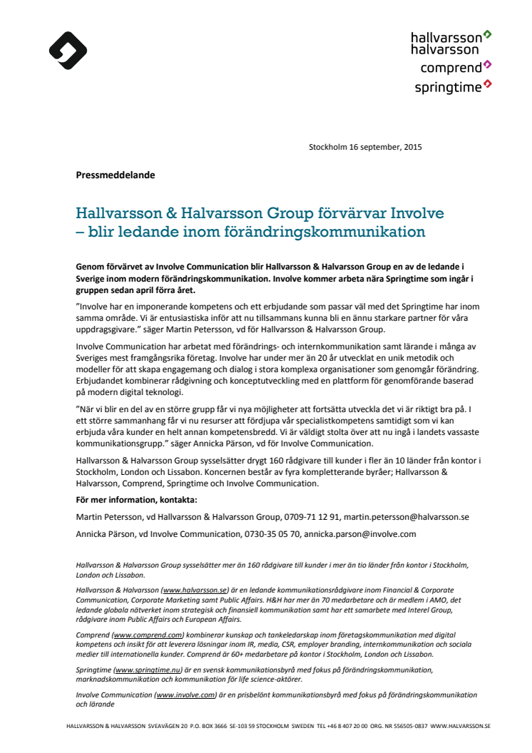 ​Hallvarsson & Halvarsson Group förvärvar Involve – blir ledande inom förändringskommunikation