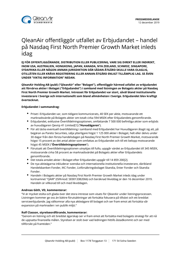 QleanAir offentliggör utfallet av Erbjudandet - handel på Nasdaq First North Premier Growth Market inleds idag