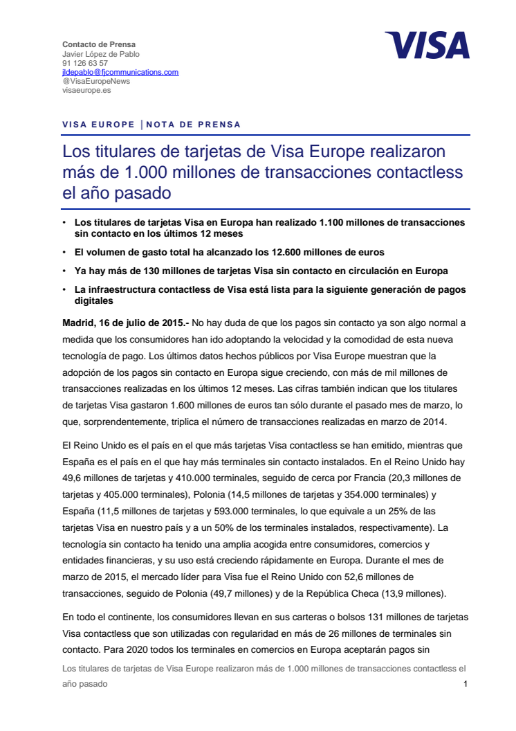 Los titulares de tarjetas de Visa Europe realizaron más de 1.000 millones de transacciones contactless el año pasado