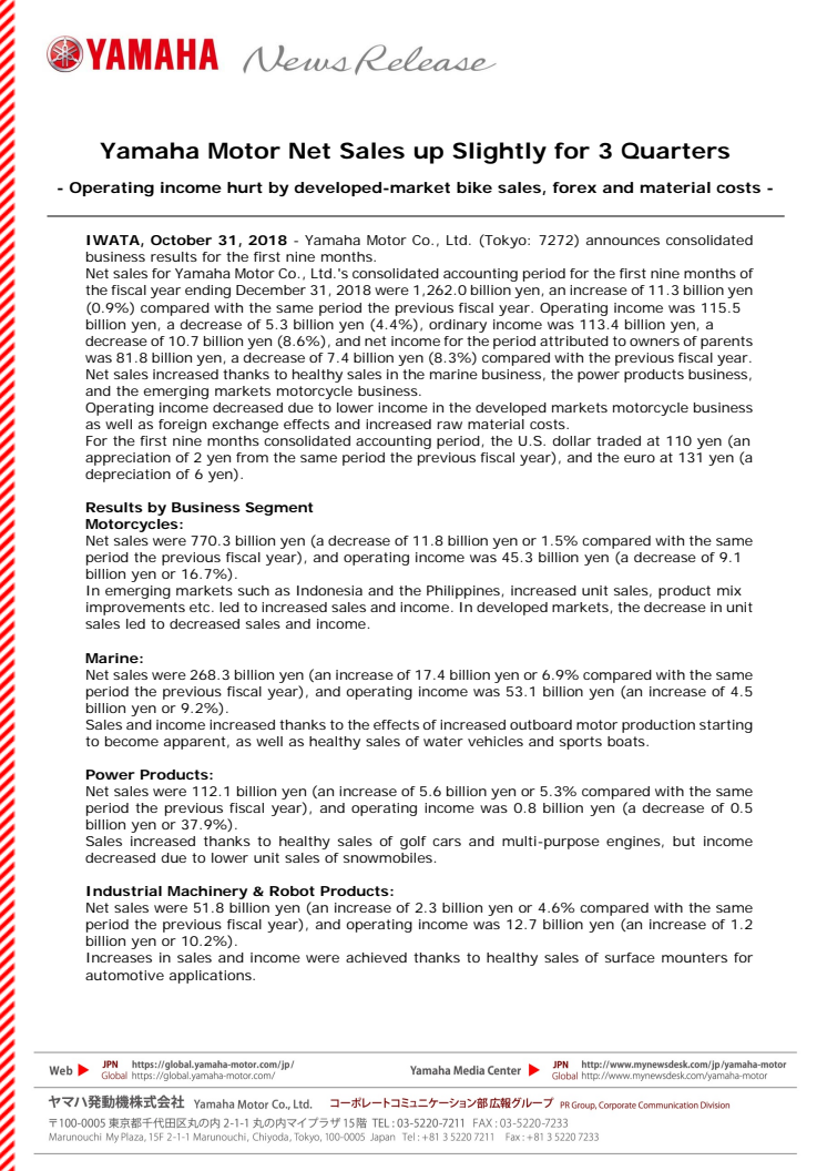 Yamaha Motor Net Sales up Slightly for 3 Quarters　- Operating income hurt by developed-market bike sales, forex and material costs -