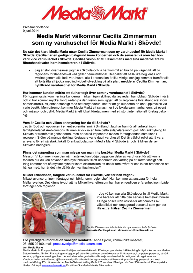 Media Markt välkomnar Cecilia Zimmerman som ny varuhuschef för Media Markt i Skövde!