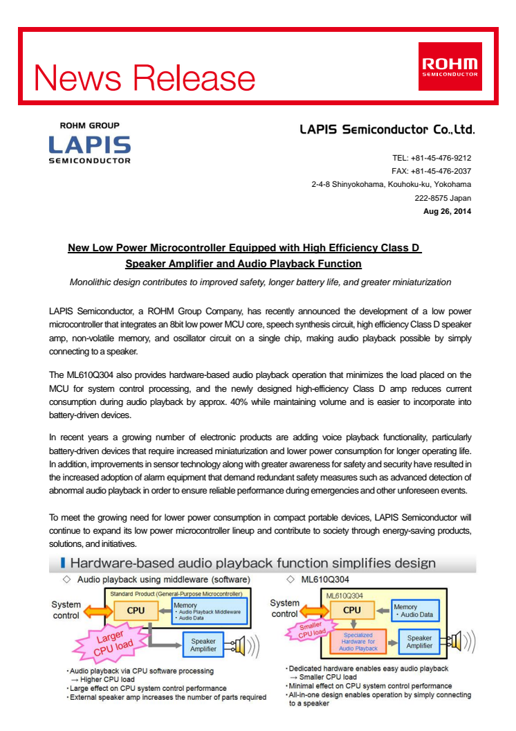 ​Low Power Microcontroller Equipped with High Efficiency Class D Speaker Amplifier and Audio Playback Function -- Monolithic design contributes to improved safety, longer battery life, and greater miniaturization