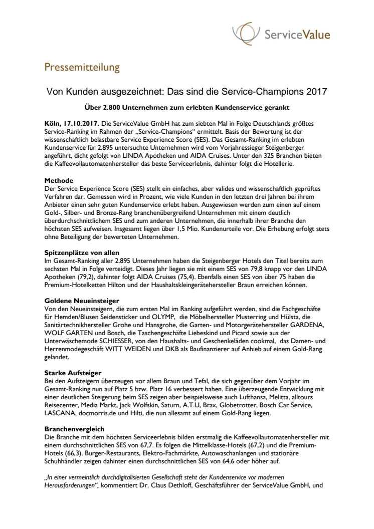 Von Kunden ausgezeichnet: Das sind die Service-Champions 2017 