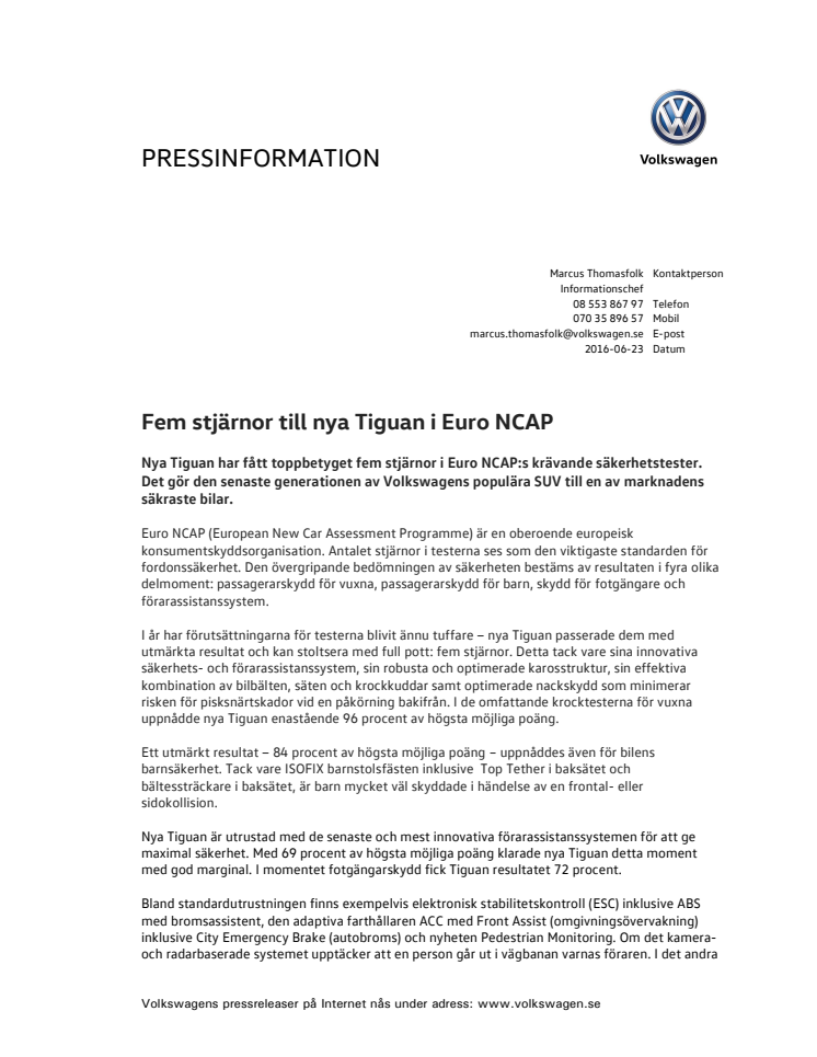 Fem stjärnor till nya Tiguan i Euro NCAP