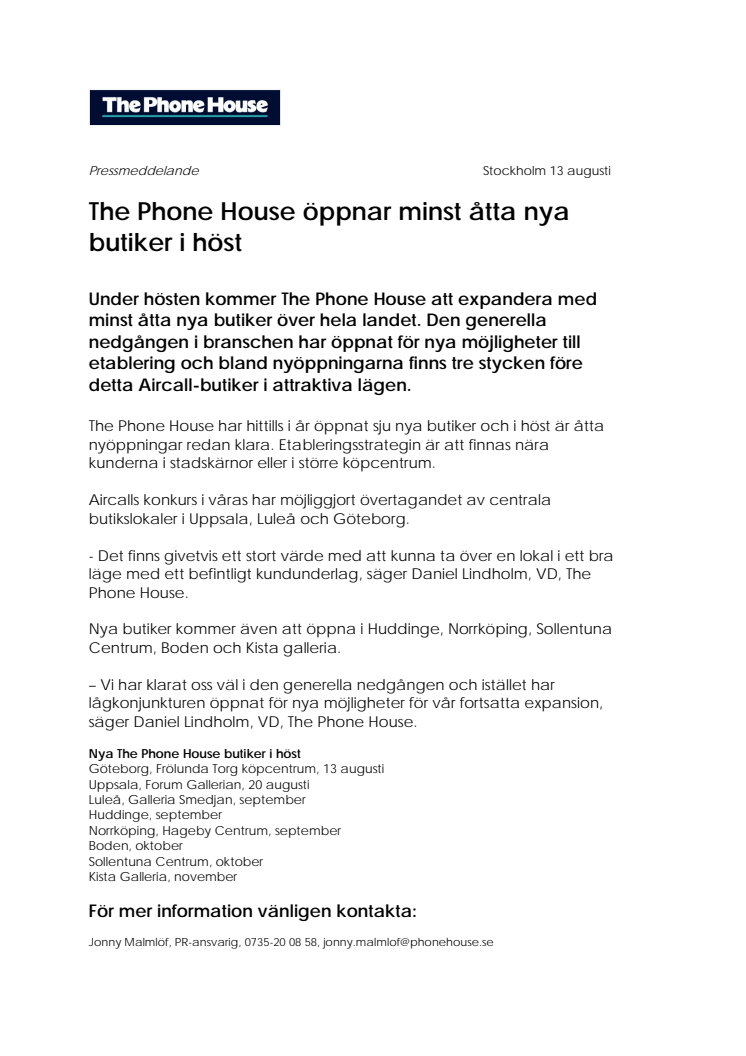 The Phone House öppnar minst åtta nya butiker i höst
