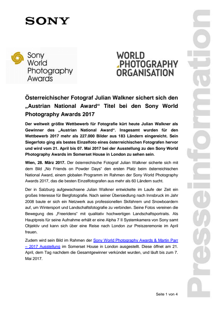 Österreichischer Fotograf Julian Walkner sichert sich den „Austrian National Award“ Titel bei den Sony World Photography Awards 2017