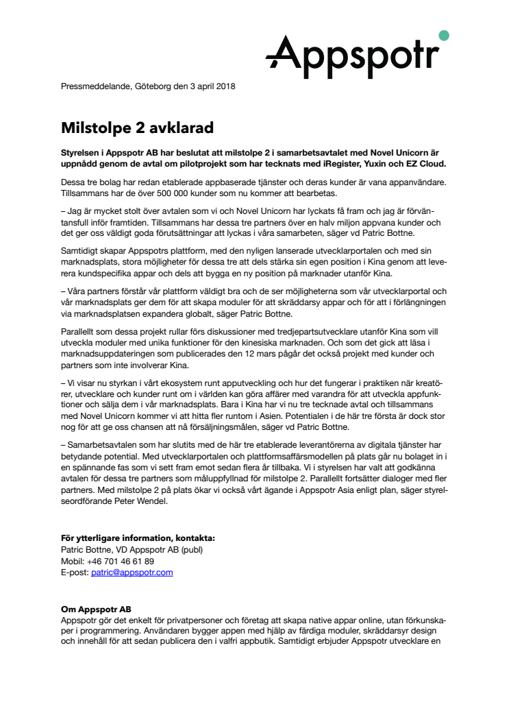 Appspotr AB: Milstolpe 2 avklarad 