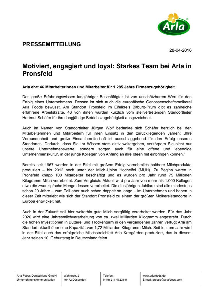 Motiviert, engagiert und loyal: Starkes Team bei Arla in Pronsfeld