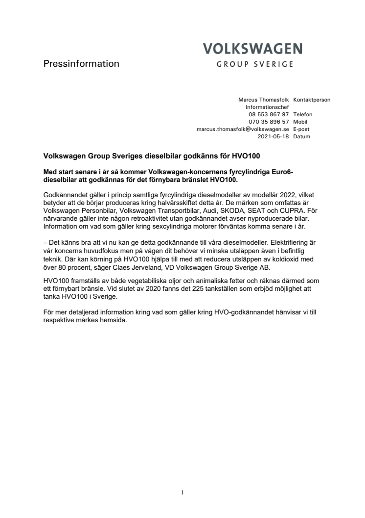 Volkswagen Group Sveriges dieselbilar godkänns för HVO100