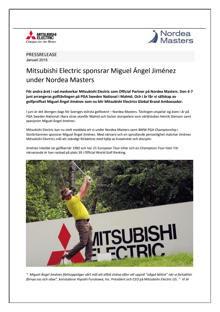 Mitsubishi Electric sponsrar Miguel Ángel Jiménez under Nordea Masters