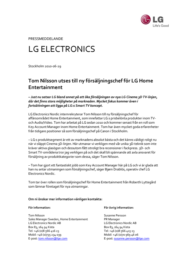 Tom Nilsson utses till ny försäljningschef för LG Home Entertainment