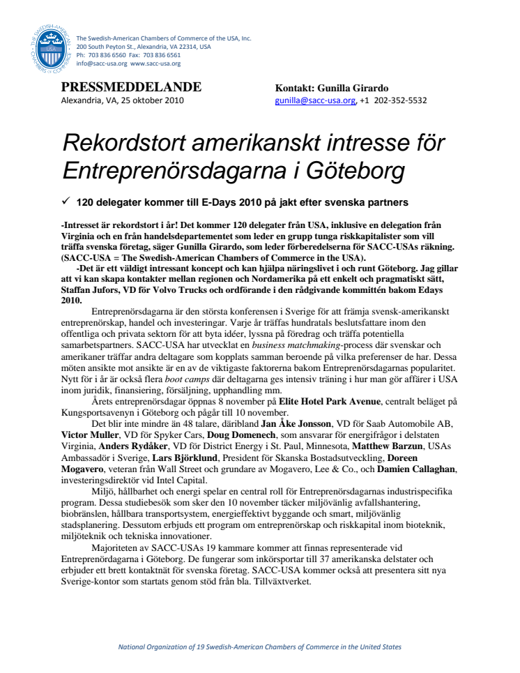Entreprenörsdagarna i Göteborg 8-10 nov - Rekordstort amerikanskt intresse