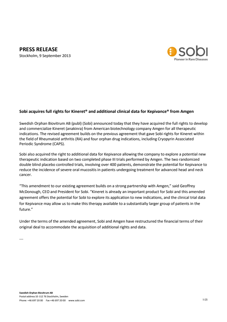 Sobi acquires full rights for Kineret® and additional clinical data for Kepivance® from Amgen
