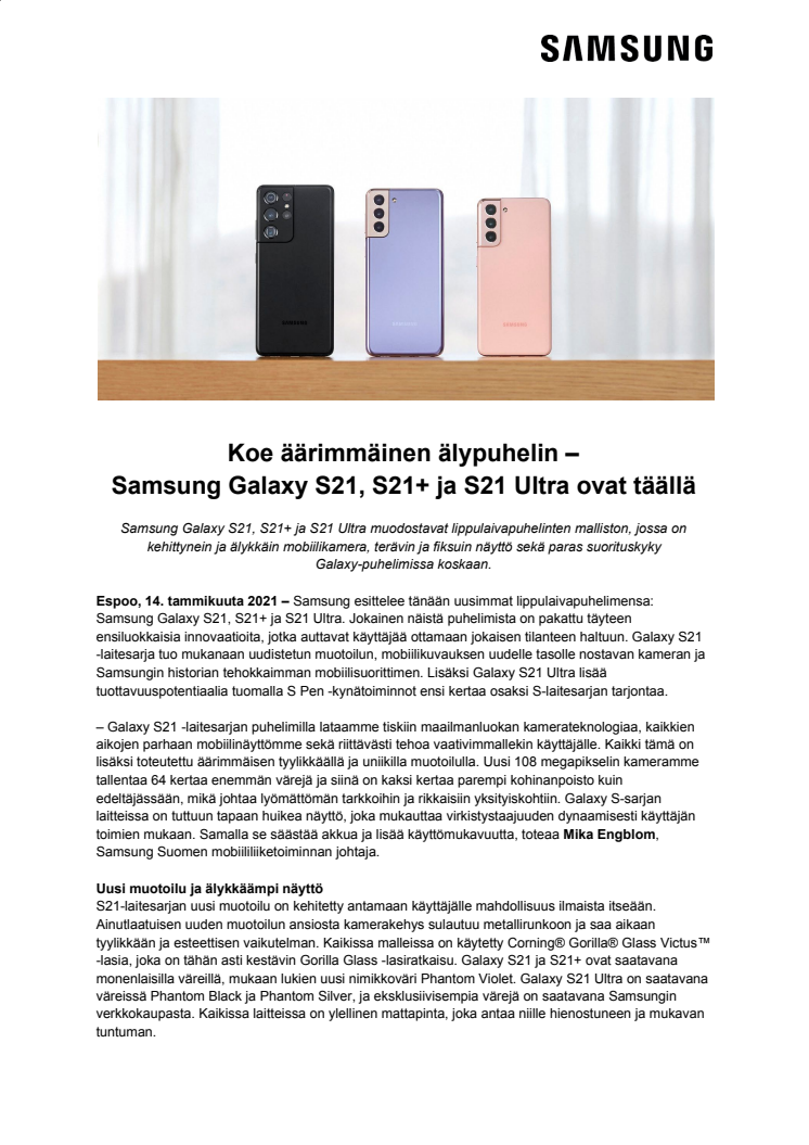 Koe äärimmäinen älypuhelin – Samsung Galaxy S21, S21+ ja S21 Ultra ovat täällä