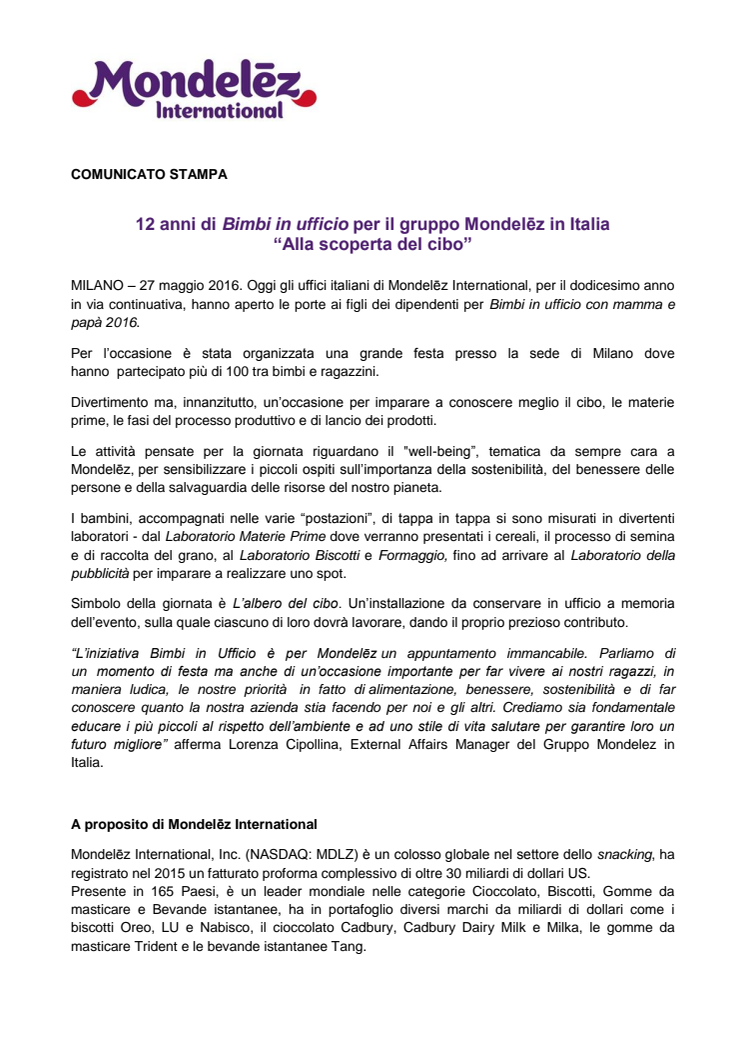 12 anni di Bimbi in ufficio per il gruppo Mondelēz in Italia “Alla scoperta del cibo”