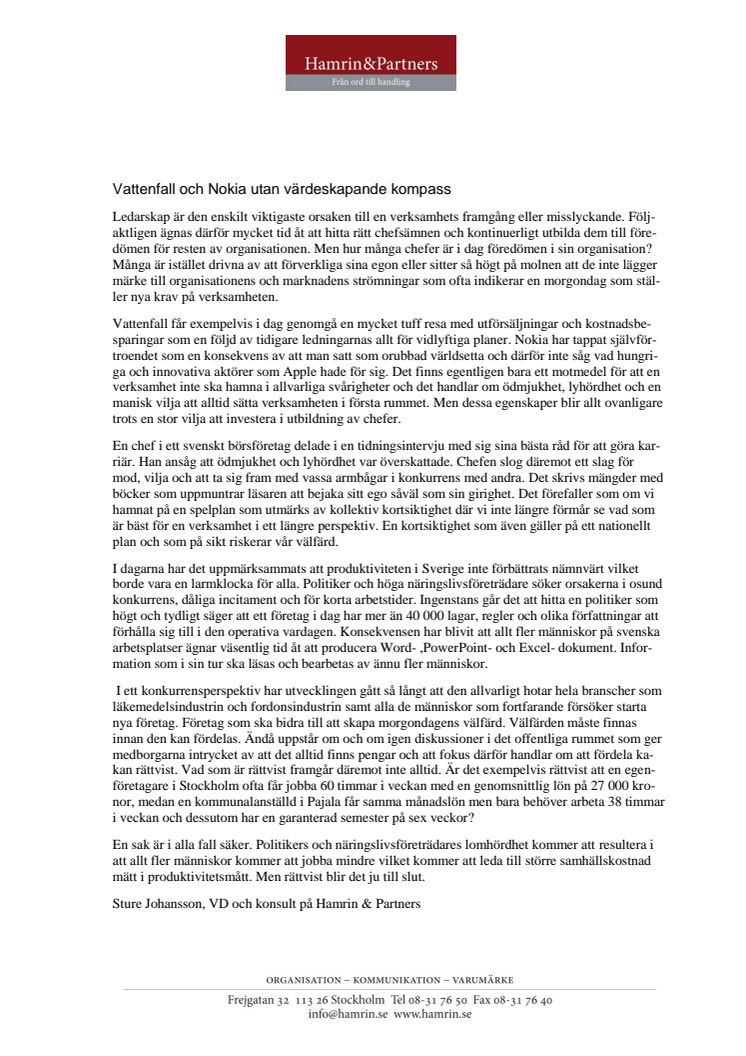 Vattenfall och Nokia utan värdeskapande kompass