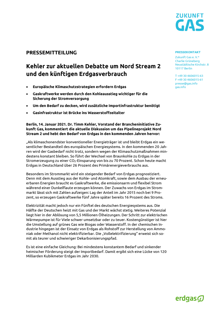 Kehler zur aktuellen Debatte um Nord Stream 2 und den künftigen Erdgasverbrauch