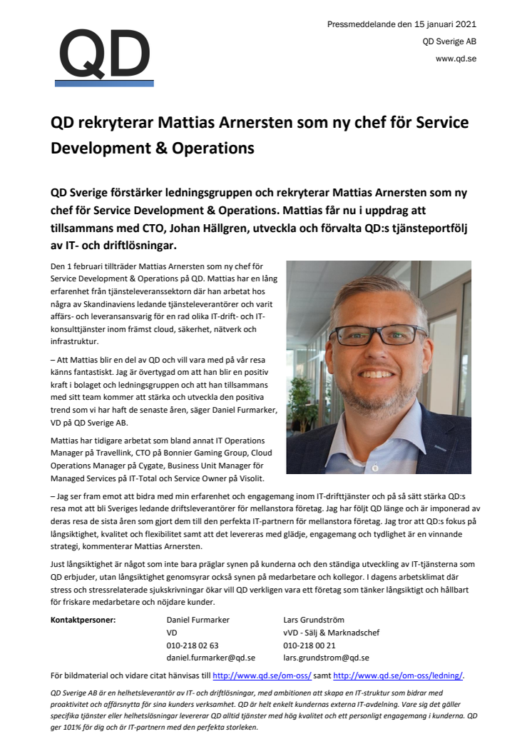 QD rekryterar Mattias Arnersten som ny chef för Service Development & Operations