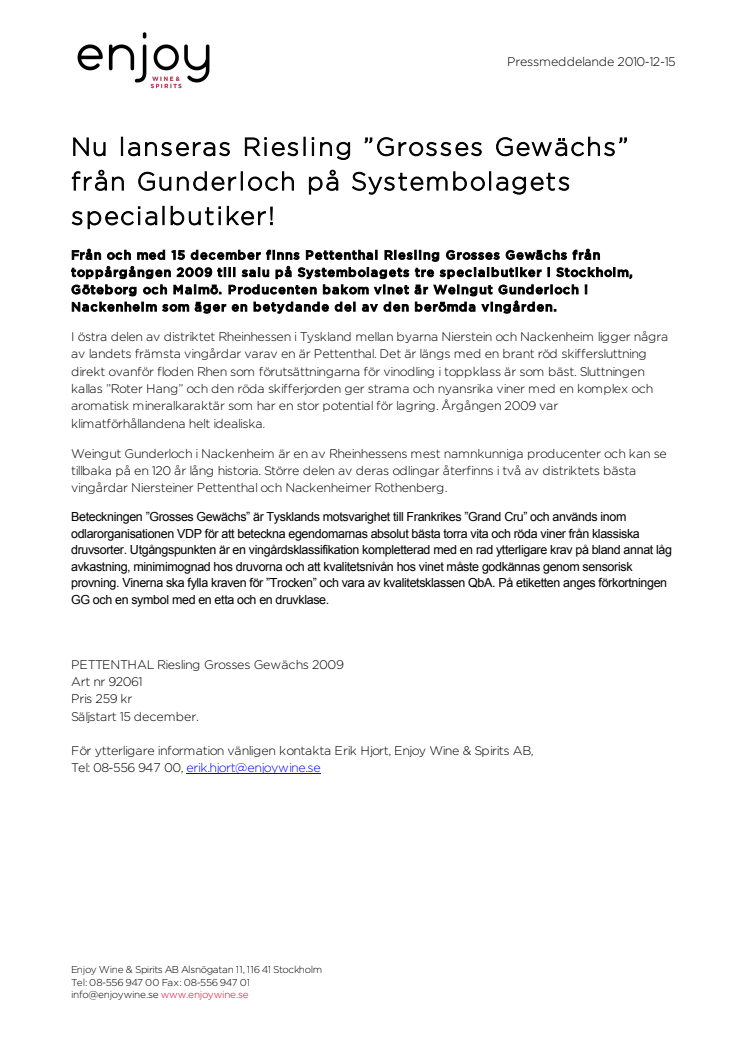 Nu lanseras Riesling ”Grosses Gewächs” från Gunderloch på Systembolagets specialbutiker!
