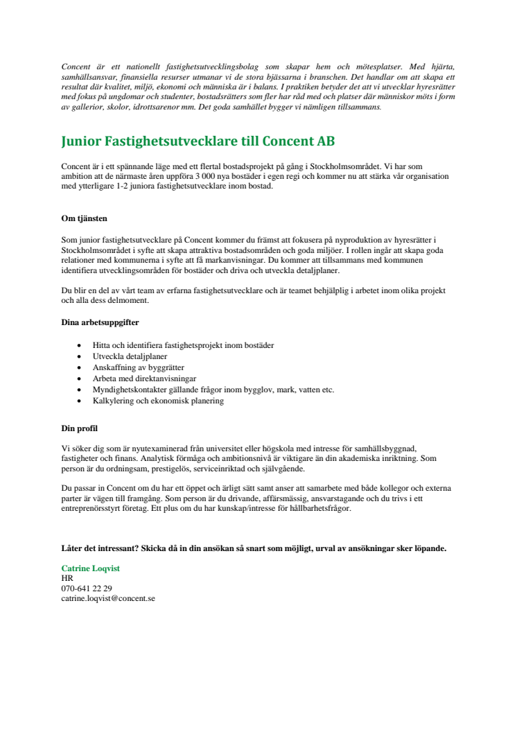 Concent söker fastighetsutvecklare