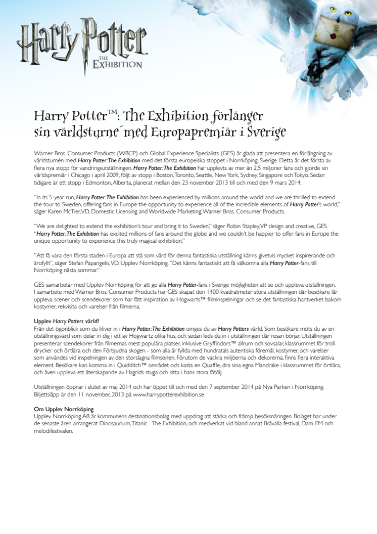 Harry Potter™: The Exhibition förlänger sin världsturné med Europapremiär i Norrköping