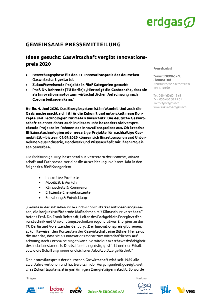 Ideen gesucht: Gaswirtschaft vergibt Innovationspreis 2020