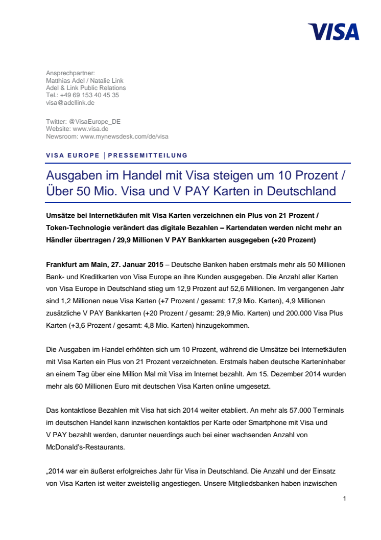 Ausgaben im Handel mit Visa steigen um 10 Prozent / Über 50 Mio. Visa und V PAY Karten in Deutschland