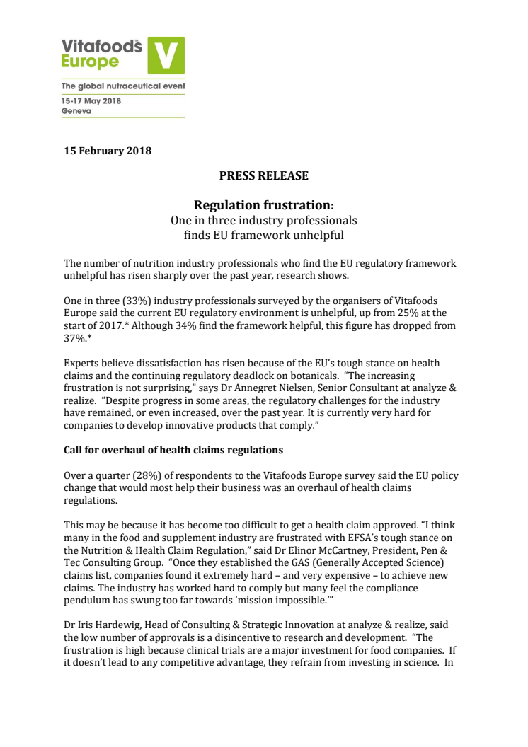 PRESS RELEASE - Regulation frustration:  One in three industry professionals finds EU framework unhelpful 